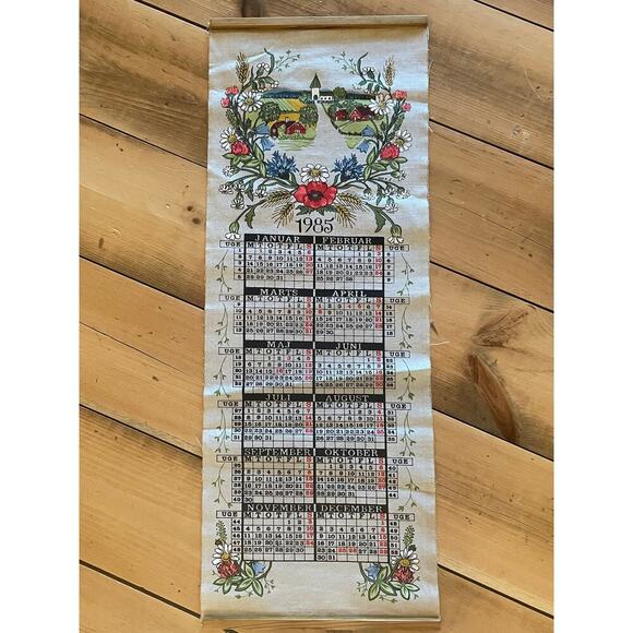 Vintage Calendar Burlap Wall Hanger Decor. 1985 floral. - Picture 1 of 6